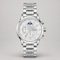 Moon-Phase Chronograph Watch – Men – Silver · White Dial · Steel Bracelet – front