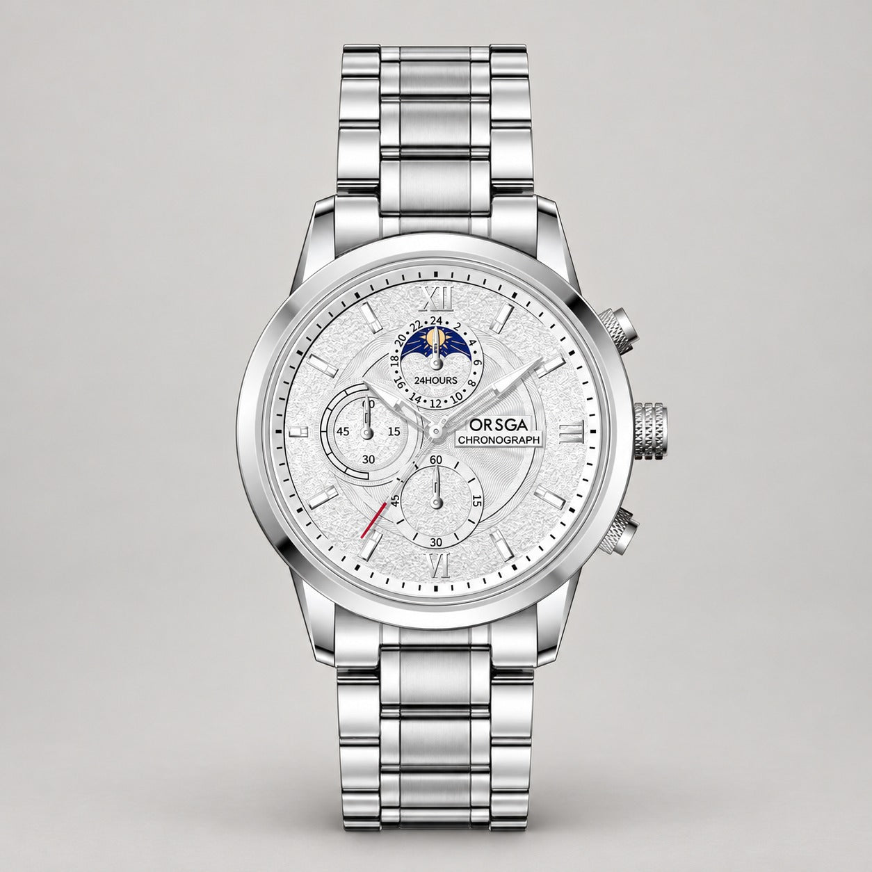 Moon-Phase Chronograph Watch – Men – Silver · White Dial · Steel Bracelet – front