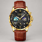 Gold · Black Dial · Brown Leather