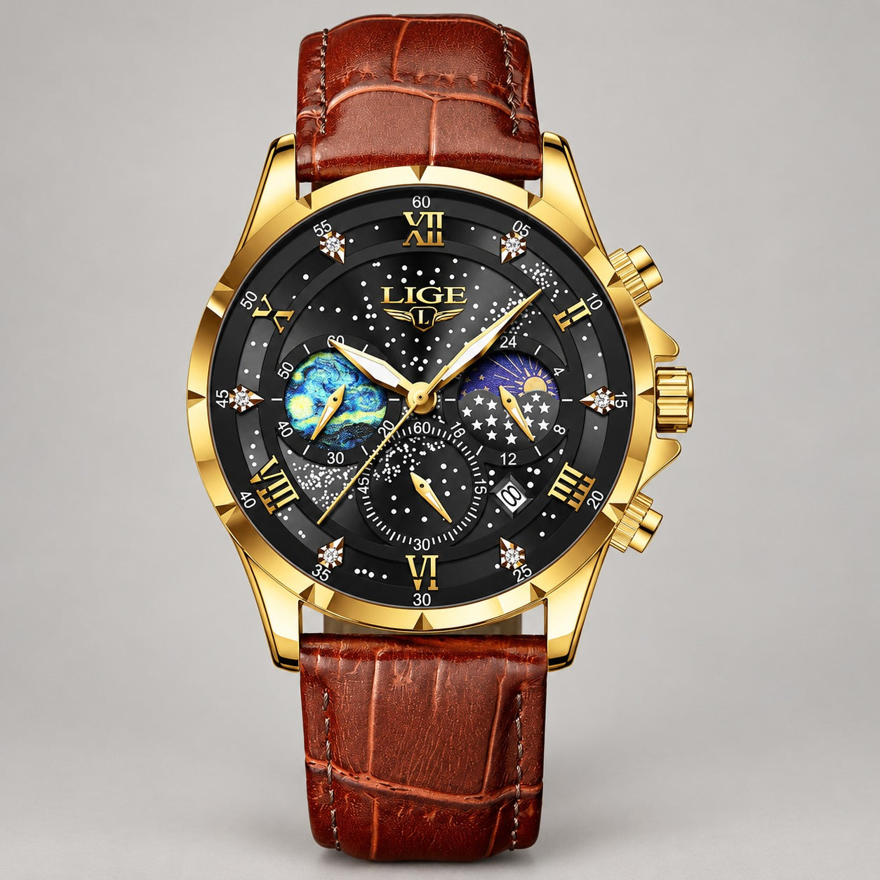 Moon-Phase Starry Dial Watch – Men – Gold · Black Dial · Brown Leather – front