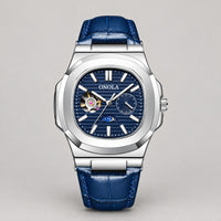 Open-Heart Mechanical Watch, Sun & Moon Dial – Men – Silver · Blue Dial · Blue Leather – front