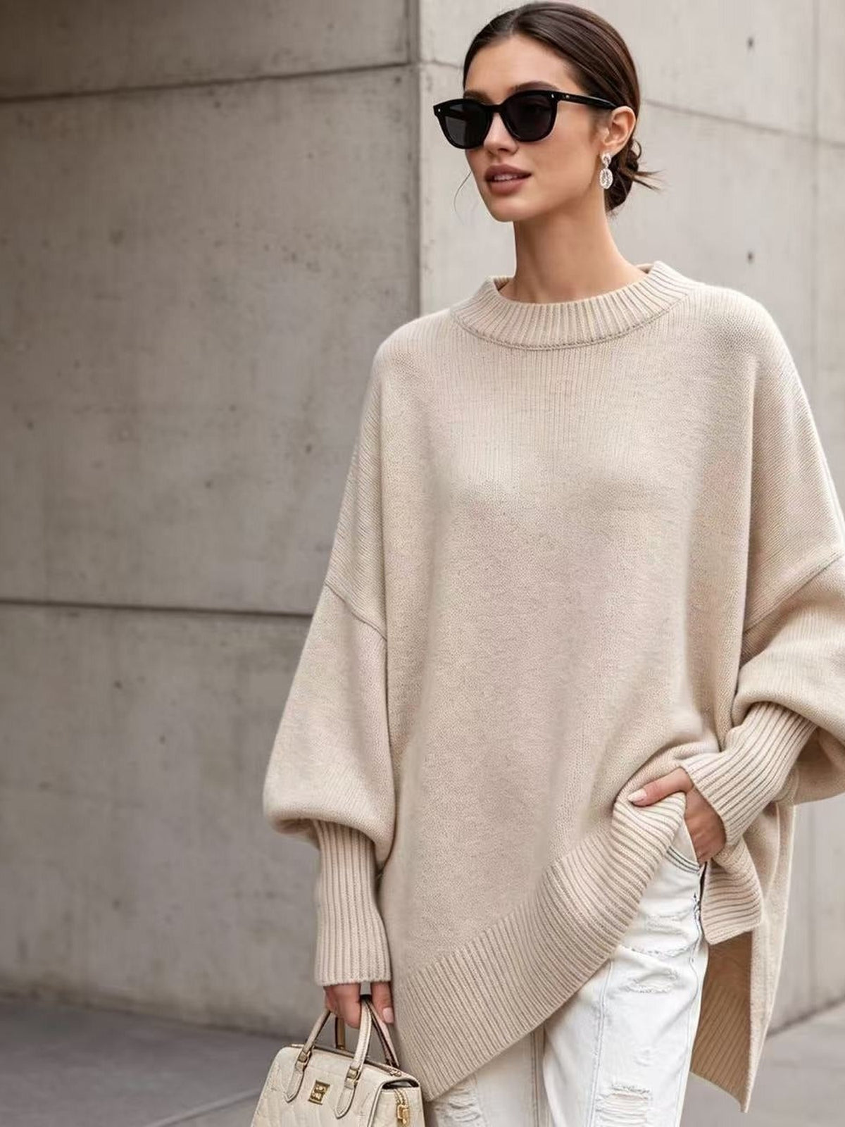 100% Polyester Oversized Batwing Sweater – Women – Cream – worn