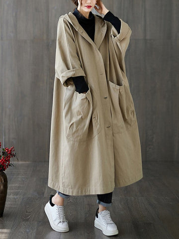 65% Polyester, 35% Cotton Oversized Hooded Long Coat – Women – Beige – worn