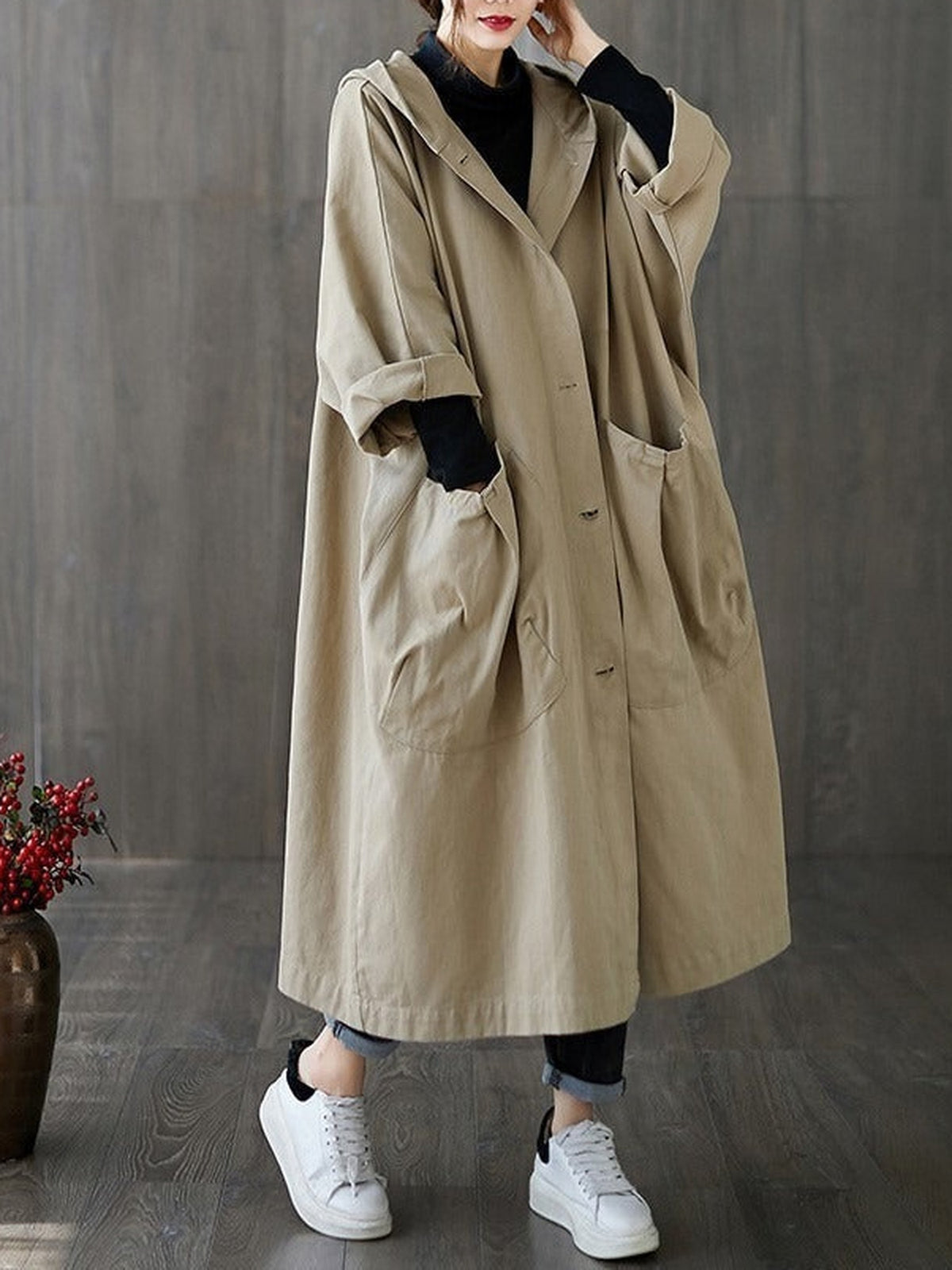 65% Polyester, 35% Cotton Oversized Hooded Long Coat – Women – Beige – worn