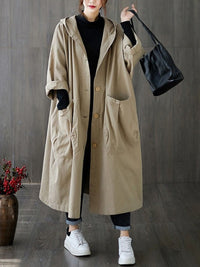 65% Polyester, 35% Cotton Oversized Hooded Long Coat – Women – Beige – worn, side