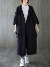 65% Polyester, 35% Cotton Oversized Hooded Long Coat – Women – Black – worn