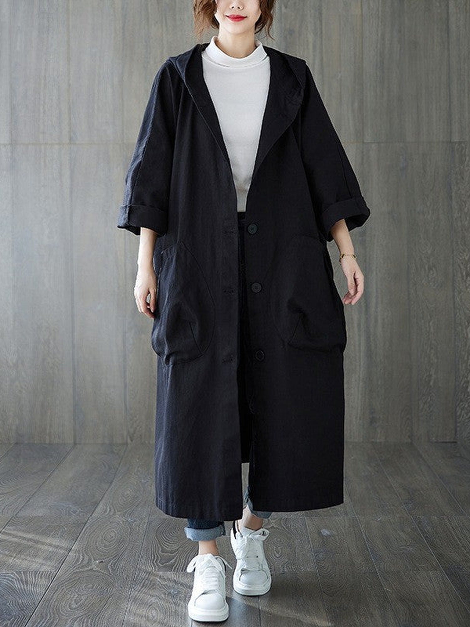 65% Polyester, 35% Cotton Oversized Hooded Long Coat – Women – Black – worn