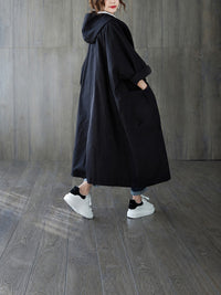 65% Polyester, 35% Cotton Oversized Hooded Long Coat – Women – Black – back