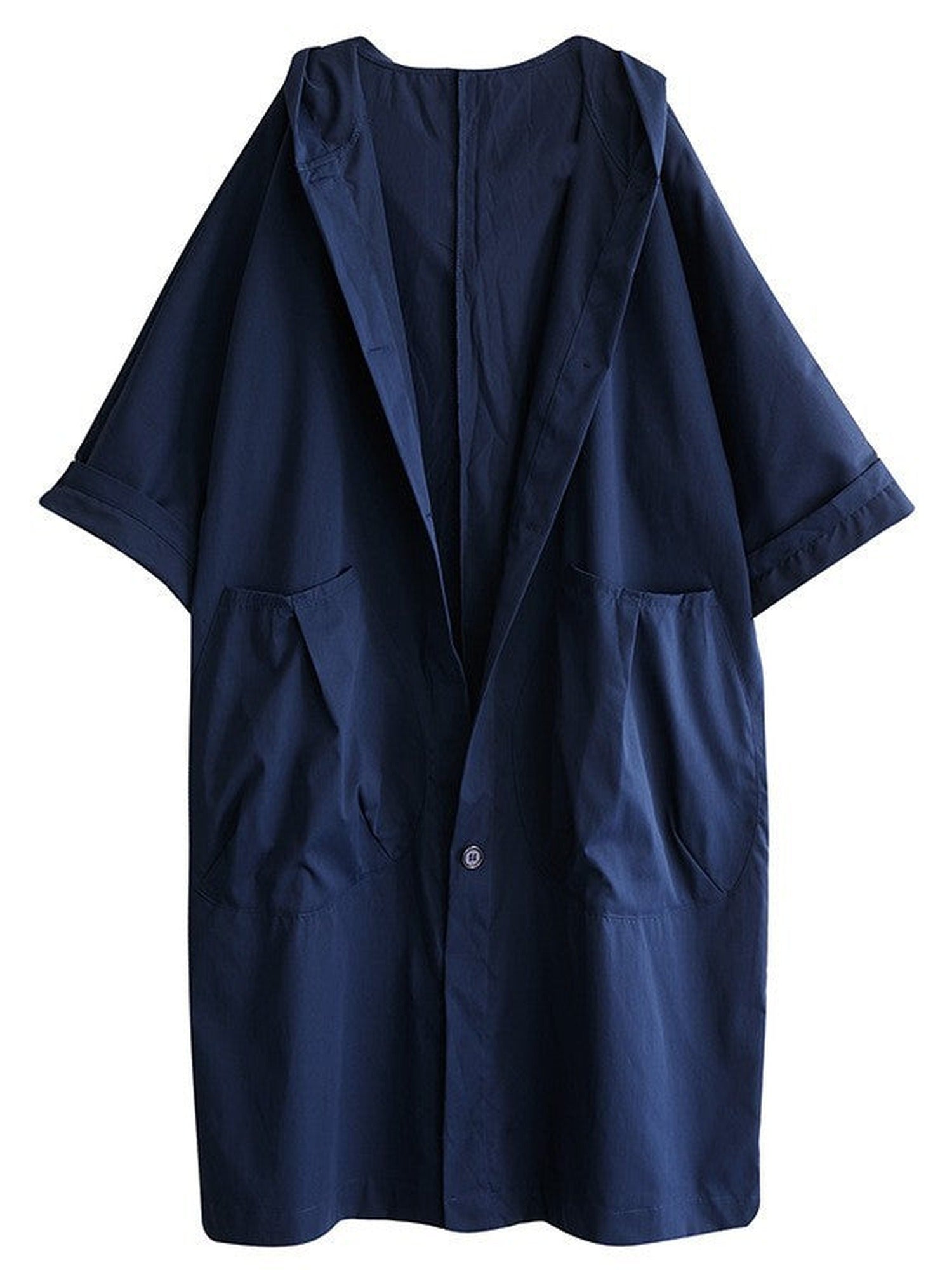 65% Polyester, 35% Cotton Oversized Hooded Long Coat – Women – Navy – front