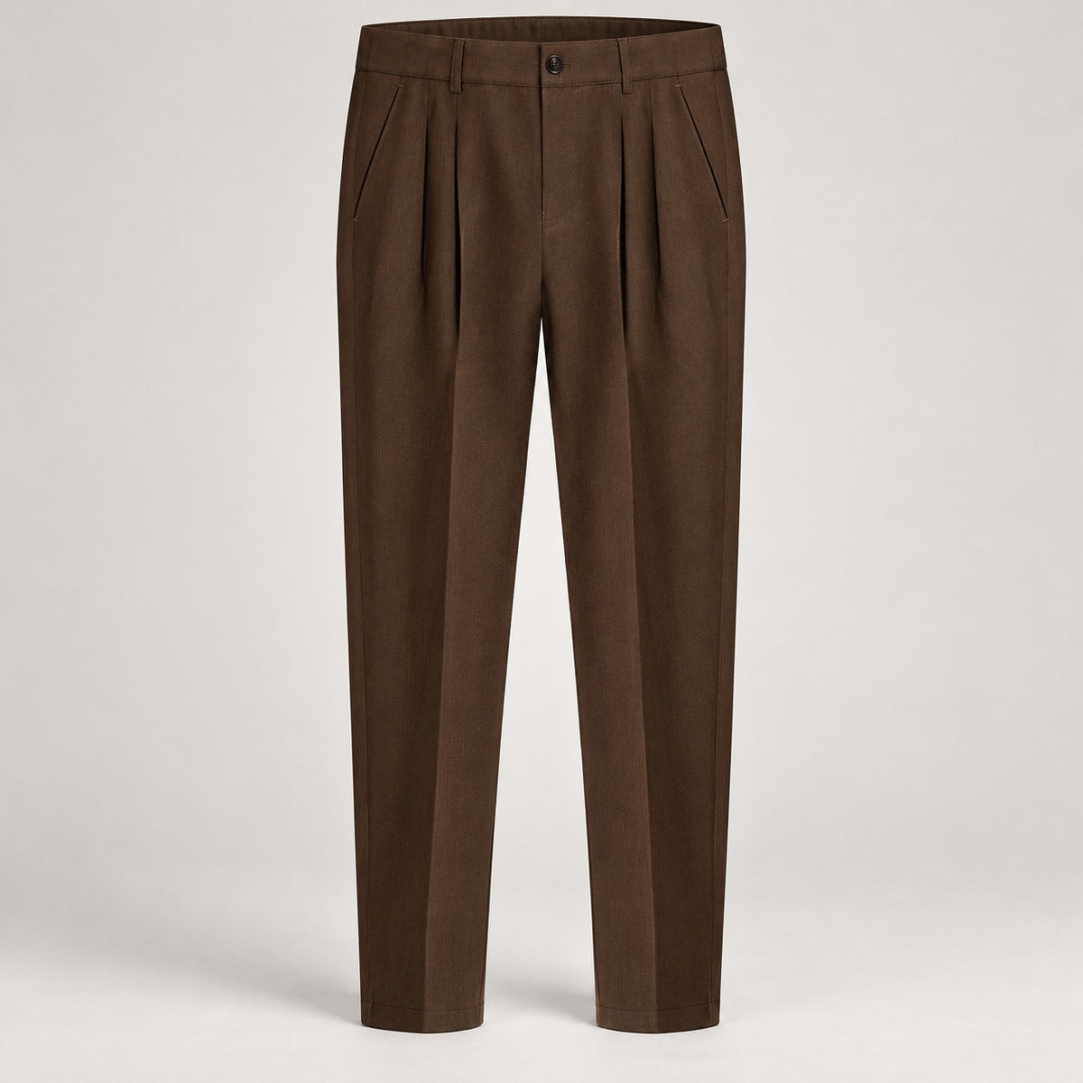 Pleated Tapered Trousers, Stretch, Ankle Length – Men – Brown – front, flat