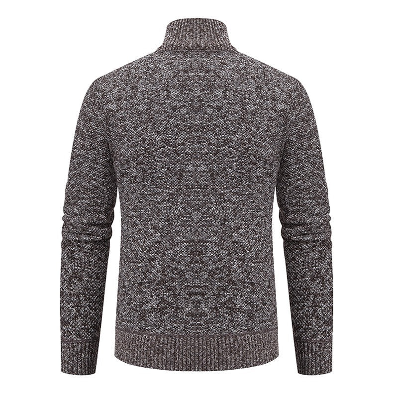 Marled Knit Zip Cardigan, Stand Collar – Men – Brown – back