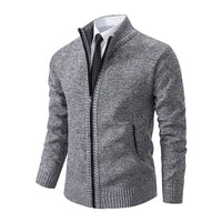Marled Knit Zip Cardigan, Stand Collar – Men – Grey – three-quarter