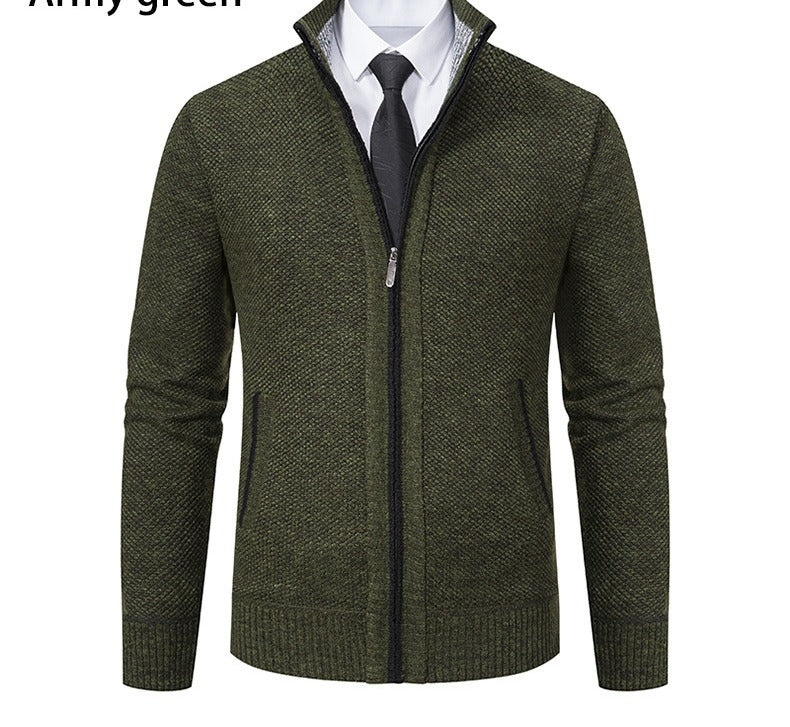 Marled Knit Zip Cardigan, Stand Collar – Men – Olive – front