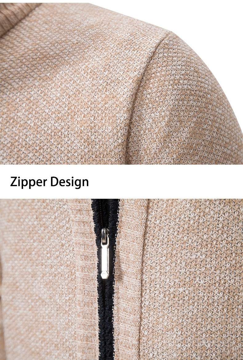 Marled Knit Zip Cardigan, Stand Collar – Men – Beige – shoulder, zip, cuff and pocket details