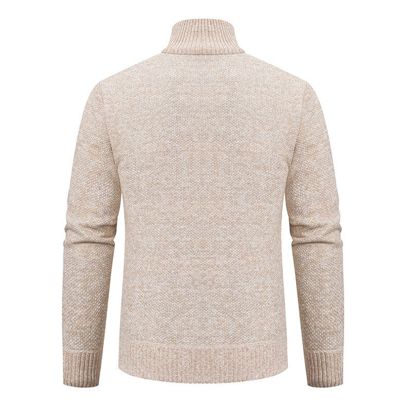 Marled Knit Zip Cardigan, Stand Collar – Men – Beige – back