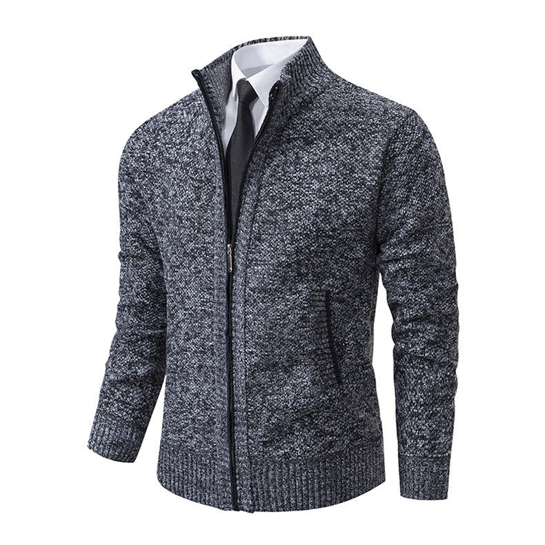 Marled Knit Zip Cardigan, Stand Collar – Men – Charcoal – three-quarter