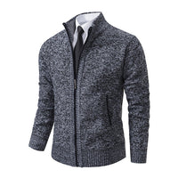 Marled Knit Zip Cardigan, Stand Collar – Men – Charcoal – three-quarter