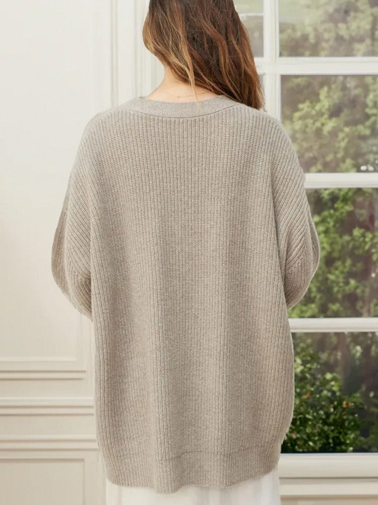 Ribbed V-Neck Button Cardigan – Women – Stone – back