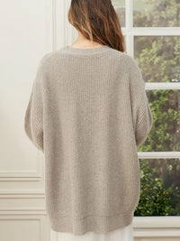 Ribbed V-Neck Button Cardigan – Women – Stone – back