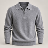 Quarter-Zip Knit Polo Sweater – Men – Grey – worn, front