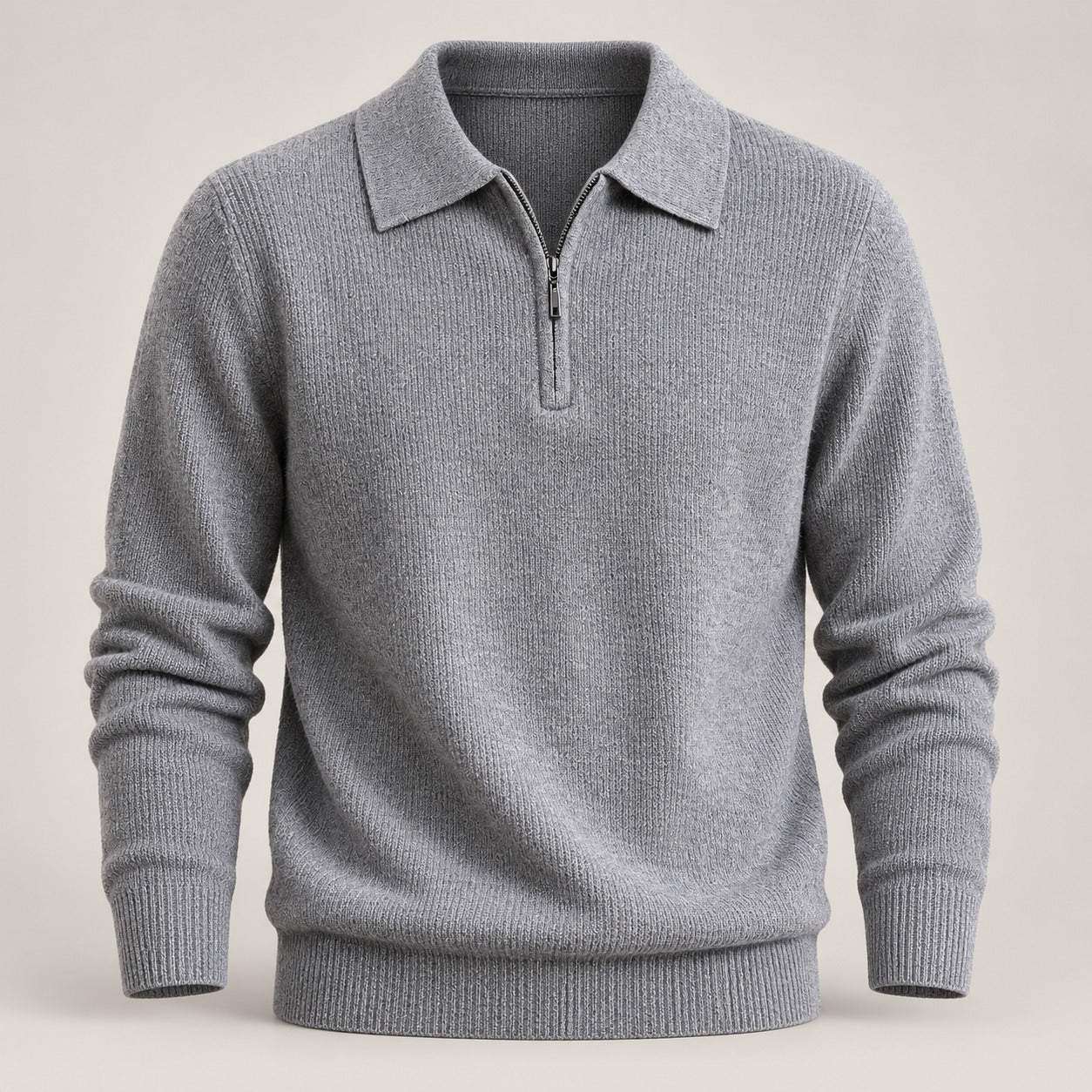 Quarter-Zip Knit Polo Sweater – Men – Grey – worn, front