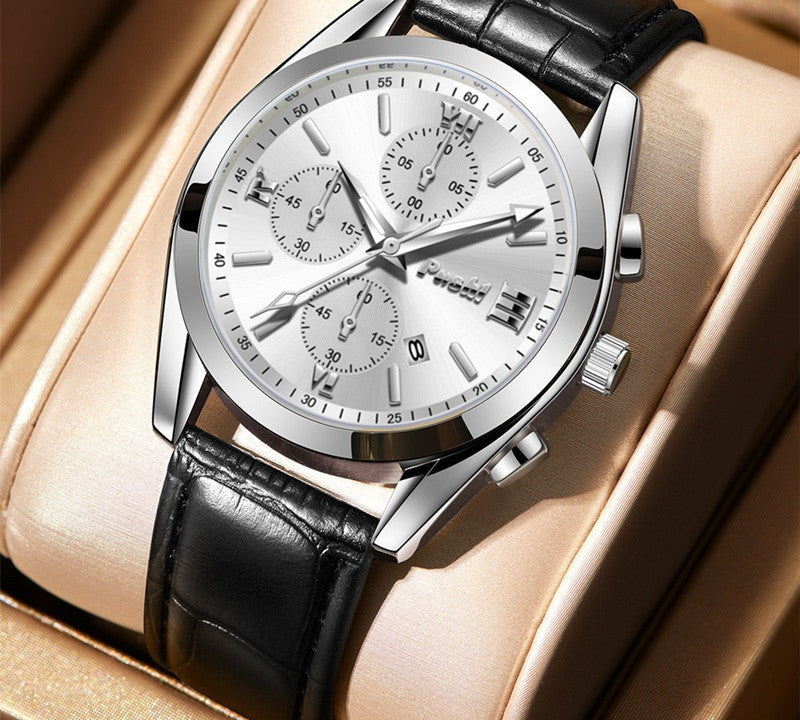 Classic Chronograph Watch, Leather Strap – Men – Silver · Silver Dial · Black Leather – lifestyle