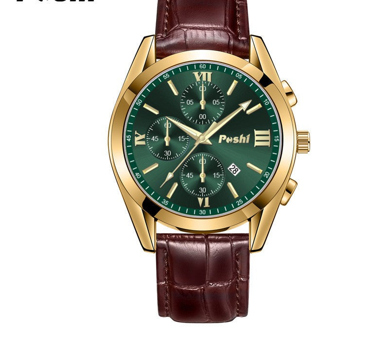 Classic Chronograph Watch, Leather Strap – Men – Gold · Green Dial · Brown Leather – front