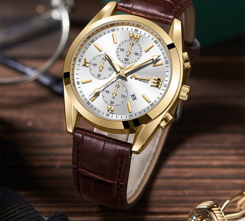 Classic Chronograph Watch, Leather Strap – Men – Gold · Silver Dial · Brown Leather – lifestyle