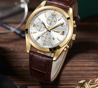 Classic Chronograph Watch, Leather Strap – Men – Gold · Silver Dial · Brown Leather – lifestyle