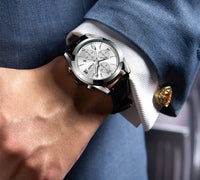 Classic Chronograph Watch, Leather Strap – Men – Silver · Silver Dial · Black Leather – worn