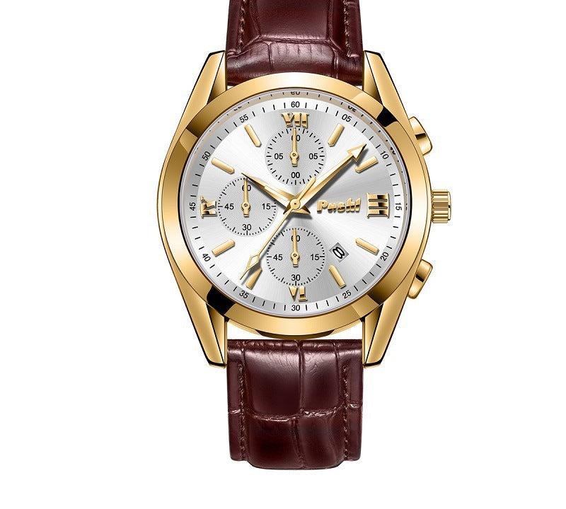 Classic Chronograph Watch, Leather Strap – Men – Gold · Silver Dial · Brown Leather – front