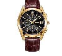 Classic Chronograph Watch, Leather Strap – Men – Gold · Black Dial · Brown Leather – front