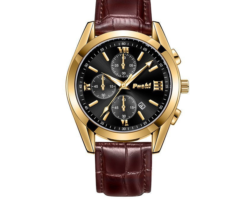 Classic Chronograph Watch, Leather Strap – Men – Gold · Black Dial · Brown Leather – front