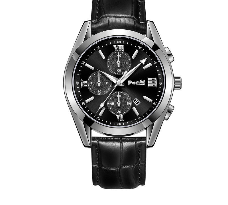 Classic Chronograph Watch, Leather Strap – Men – Silver · Black Dial · Black Leather – front