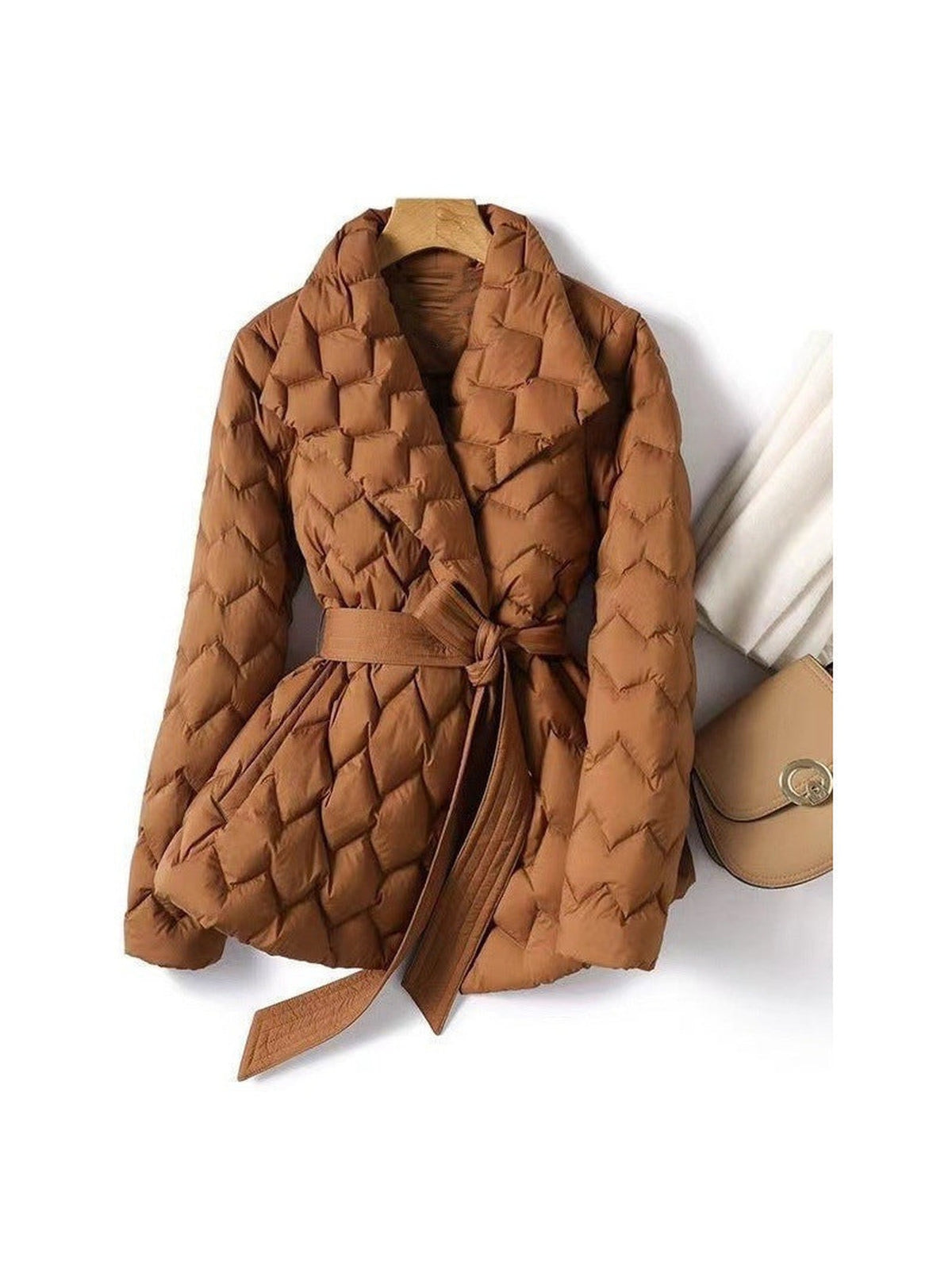 100% Polyester Quilted Belted Puffer Jacket – Women – Tan – front