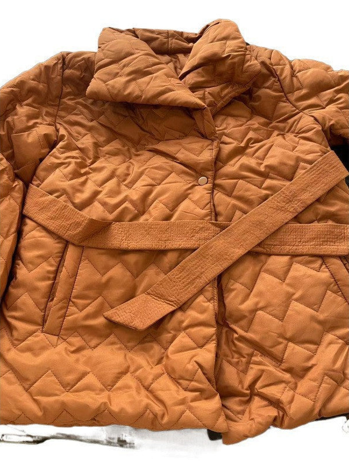 100% Polyester Quilted Belted Puffer Jacket – Women – Tan – quilting detail