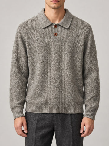 Ribbed Knit Polo Sweater, Long Sleeve – Men – Stone – worn
