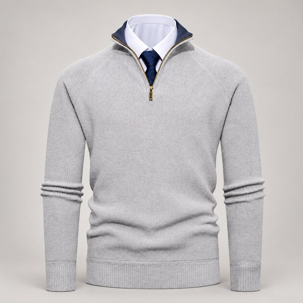 Ribbed Quarter-Zip Sweater, Raglan Sleeves – Men – Grey – front