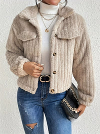 95% Polyester Ribbed Teddy Cropped Jacket – Women – Beige – worn