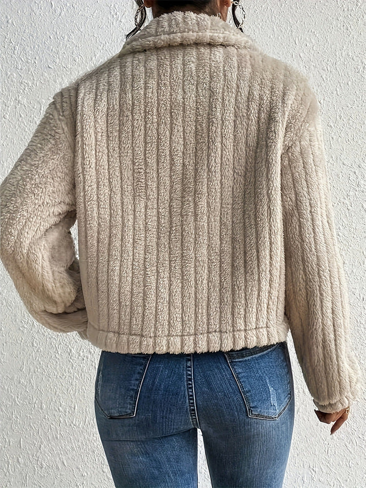 95% Polyester Ribbed Teddy Cropped Jacket – Women – Beige – back