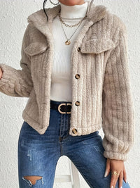 95% Polyester Ribbed Teddy Cropped Jacket – Women – Beige – worn