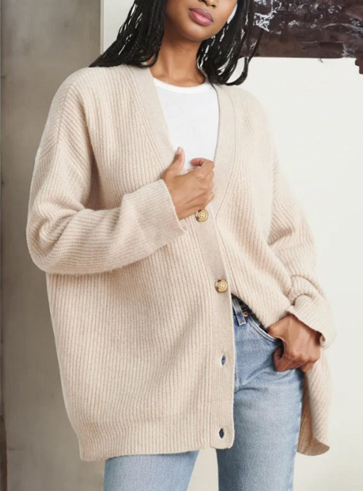 Ribbed V-Neck Button Cardigan – Women – Cream – worn