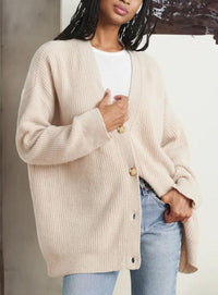 Ribbed V-Neck Button Cardigan – Women – Cream – worn