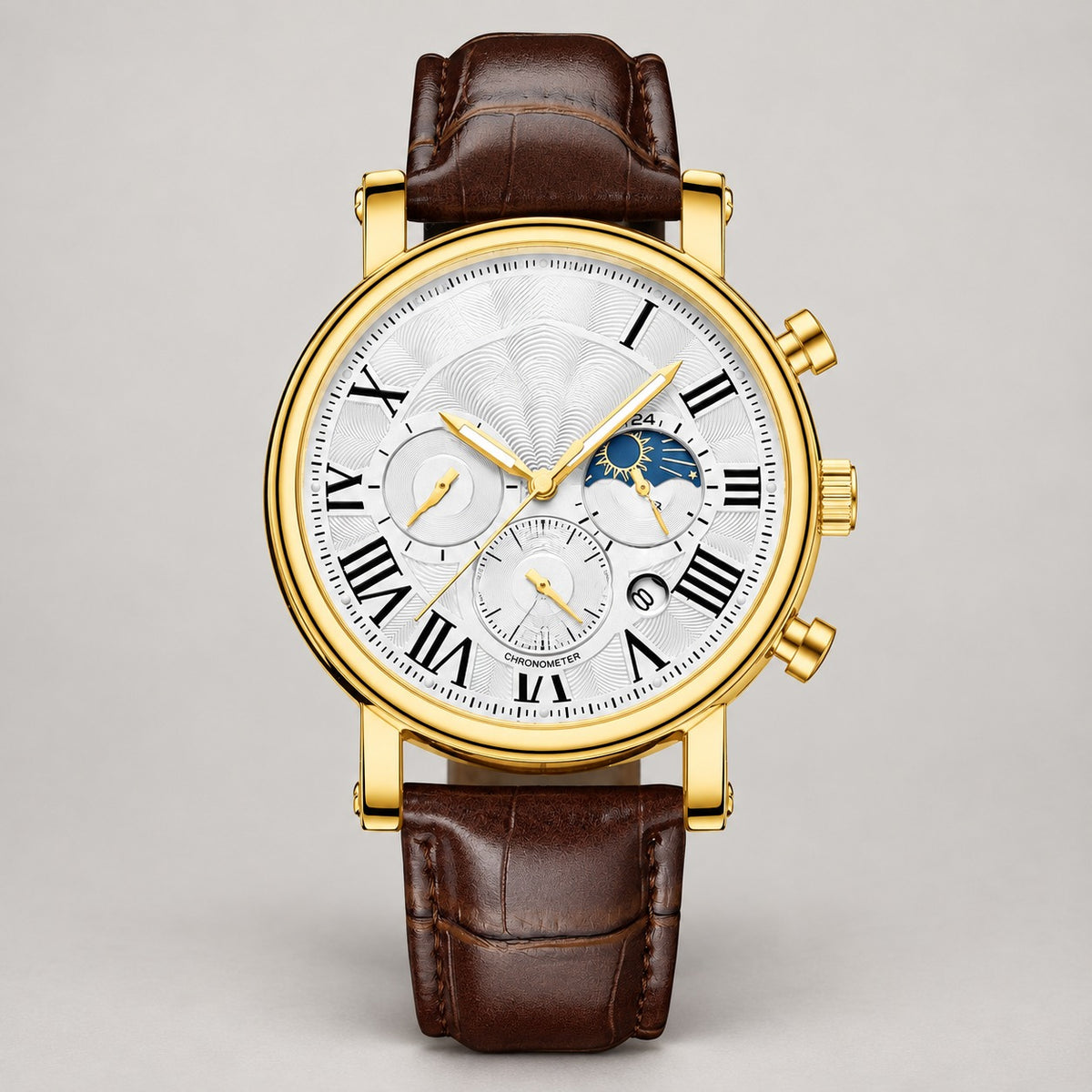 Roman Numeral Moon-Phase Watch – Men – Gold · White Dial · Brown Leather – front