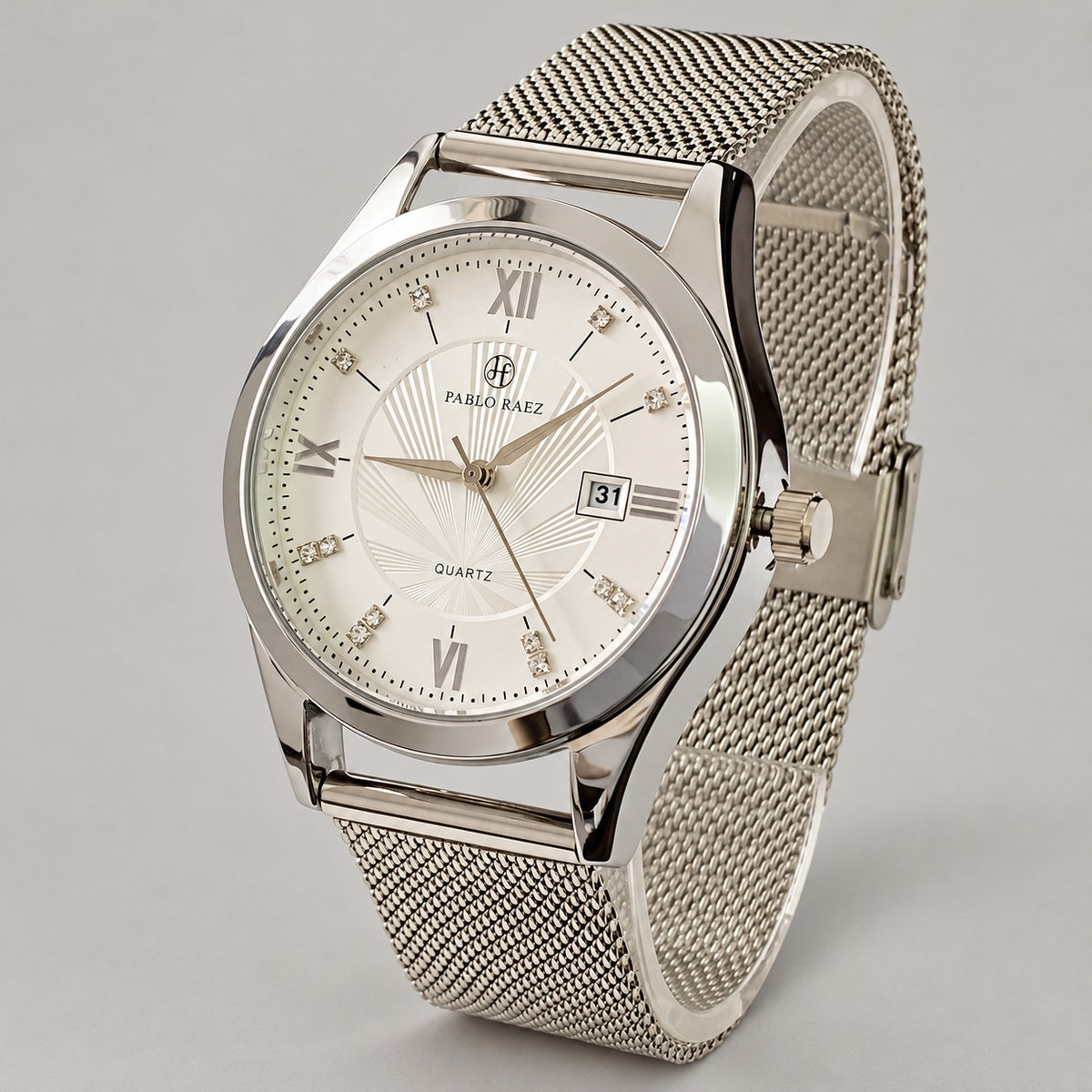 Roman Numeral Quartz Watch, Mesh or Leather – Men – Silver · White Dial · Steel Mesh – front