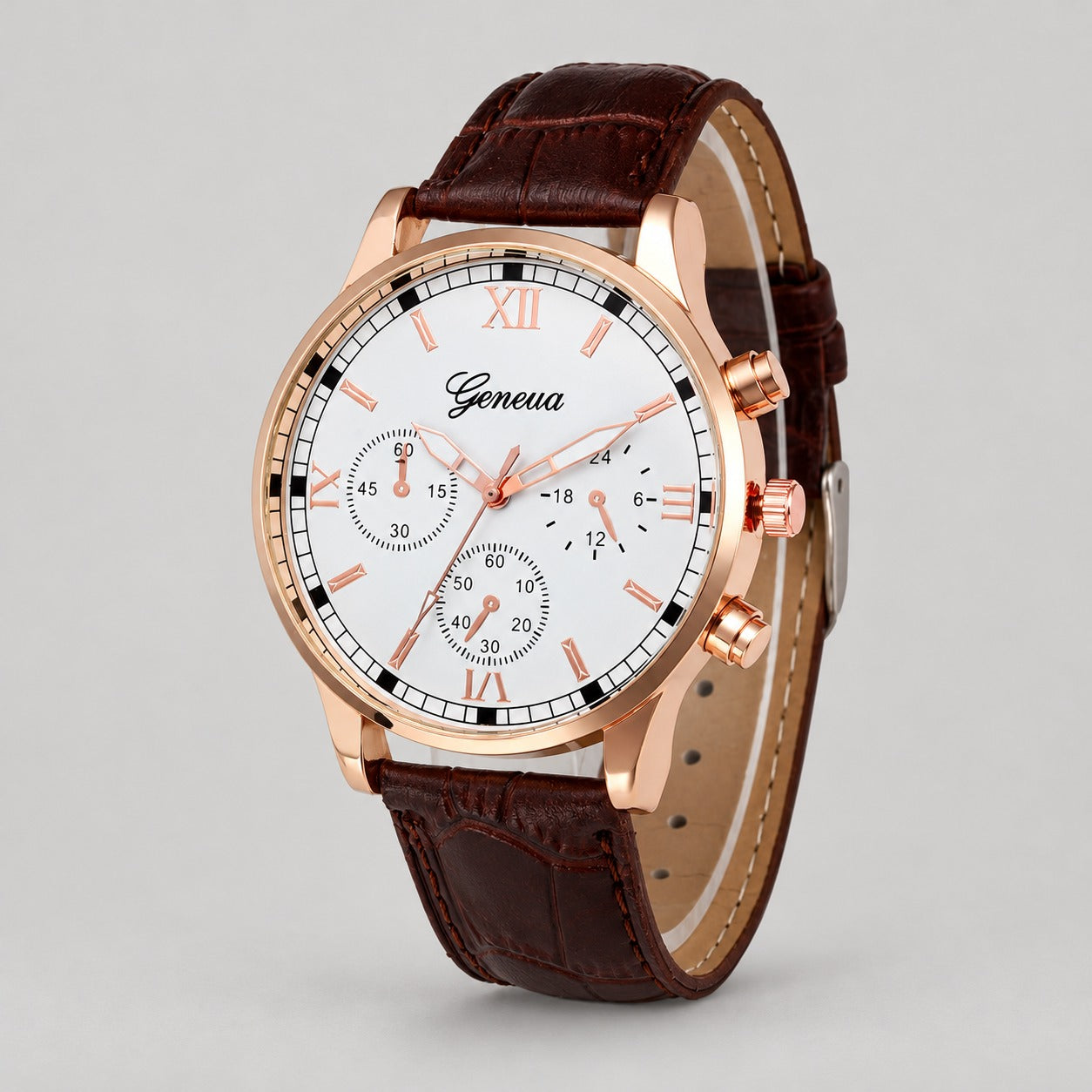 Rose Gold Dress Watch, Roman Numerals – Men – Rose Gold · White Dial · Brown Strap – front