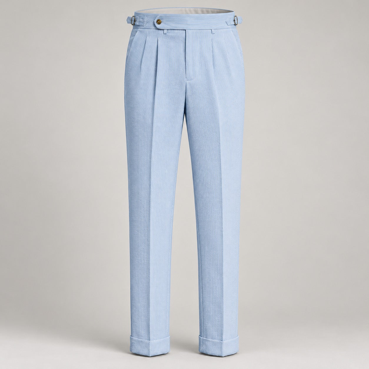 Seersucker High-Waist Trousers, Side Buckles – Men – Light Blue – worn, full length