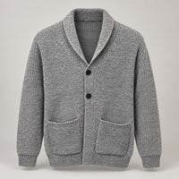 Shawl-Collar Ribbed Knit Cardigan – Men – Grey – front, pockets