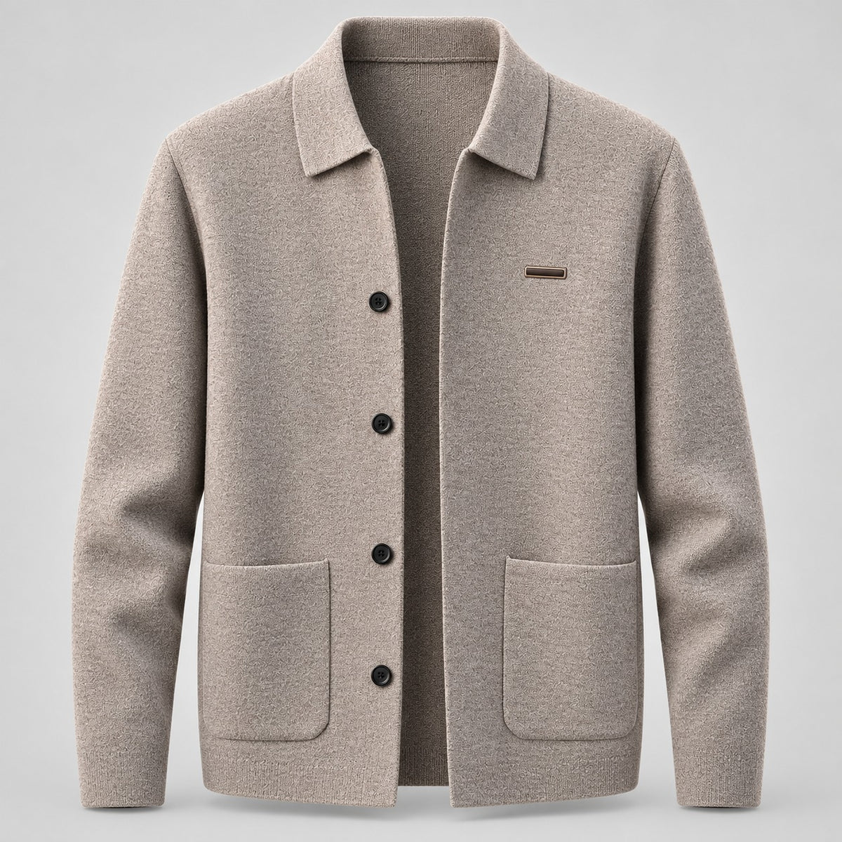 Shirt-Collar Knit Cardigan, Button Front – Men – Stone – front