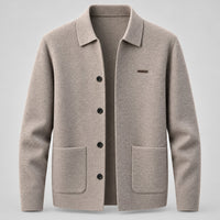 Shirt-Collar Knit Cardigan, Button Front – Men – Stone – front